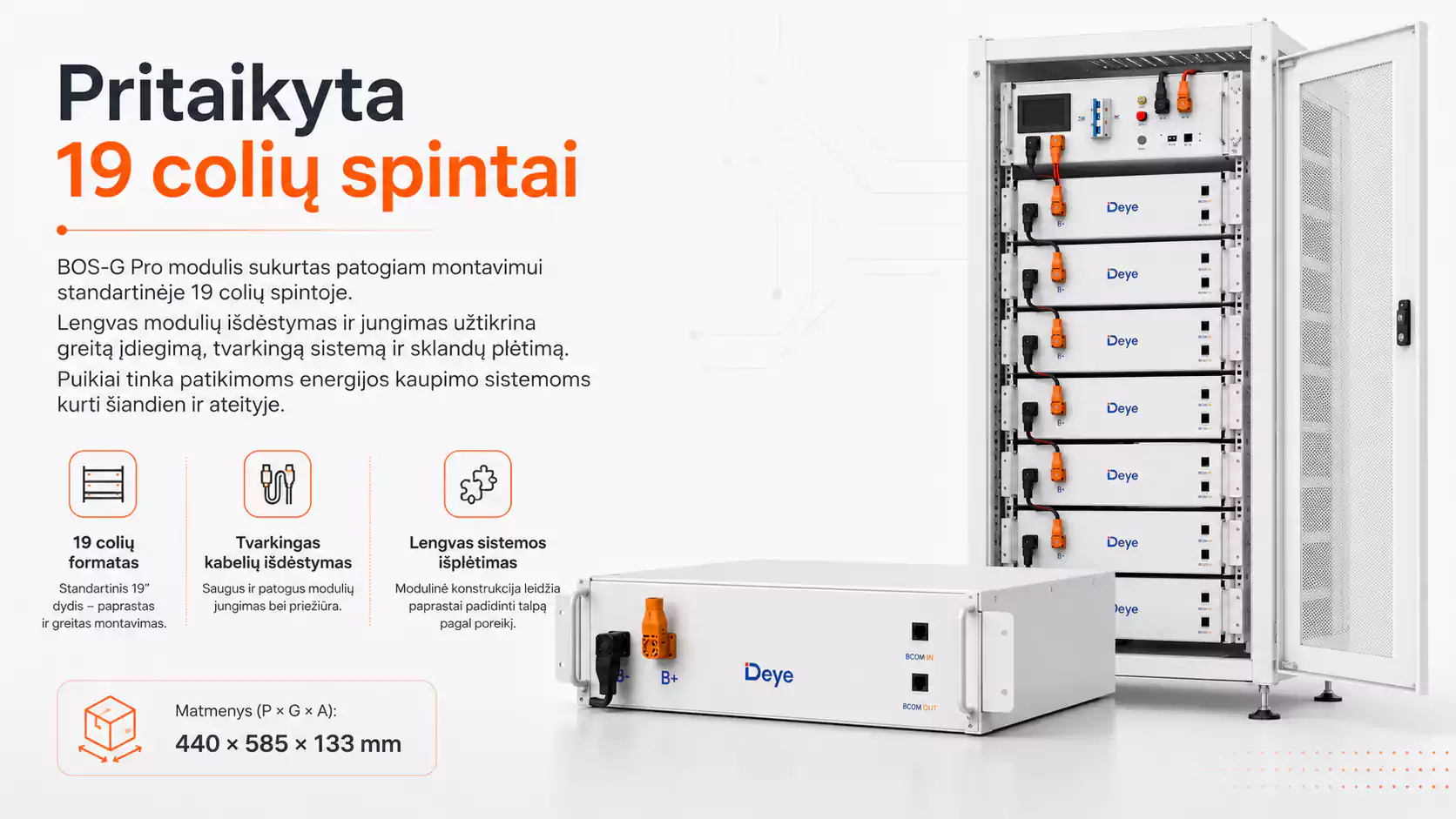 Deye BOS-G Pro baterijos modulis sumontuotas 19 colių spintoje